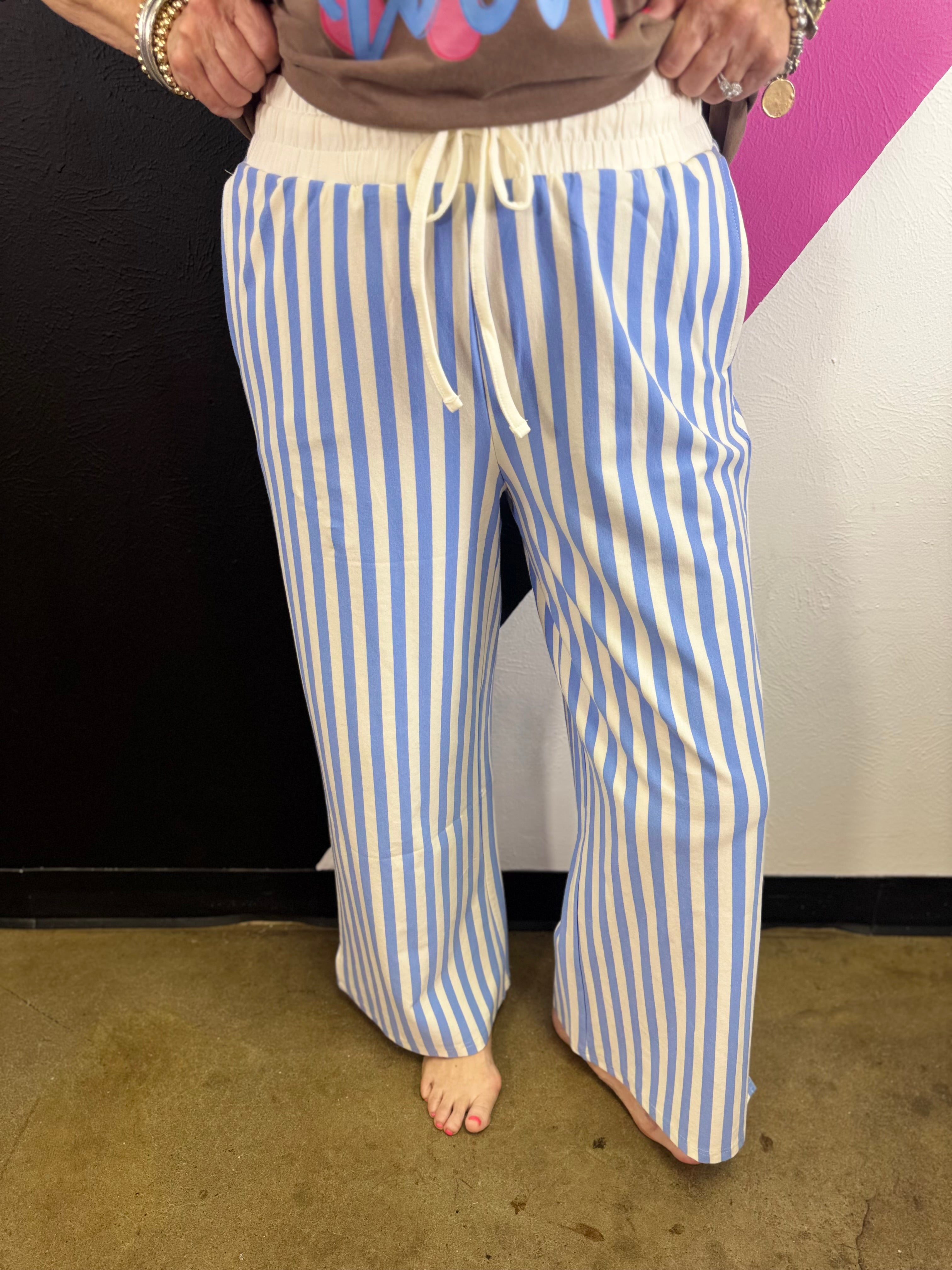 Cornflower blue and white striped wide leg pants with drawstring waist and pockets