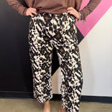 Cow print wide leg pants with oversized utility pockets and cropped ankle length