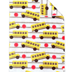Crae White double-sided hand towel with yellow school buses, red stop signs, and gray stripe pattern.