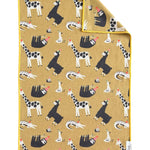 Colorful animal party hand towel with giraffes, sloths, llamas, ducks, and yellow trim.