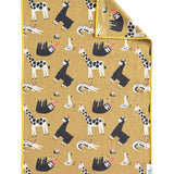 Colorful animal party hand towel with giraffes, sloths, llamas, ducks, and yellow trim.