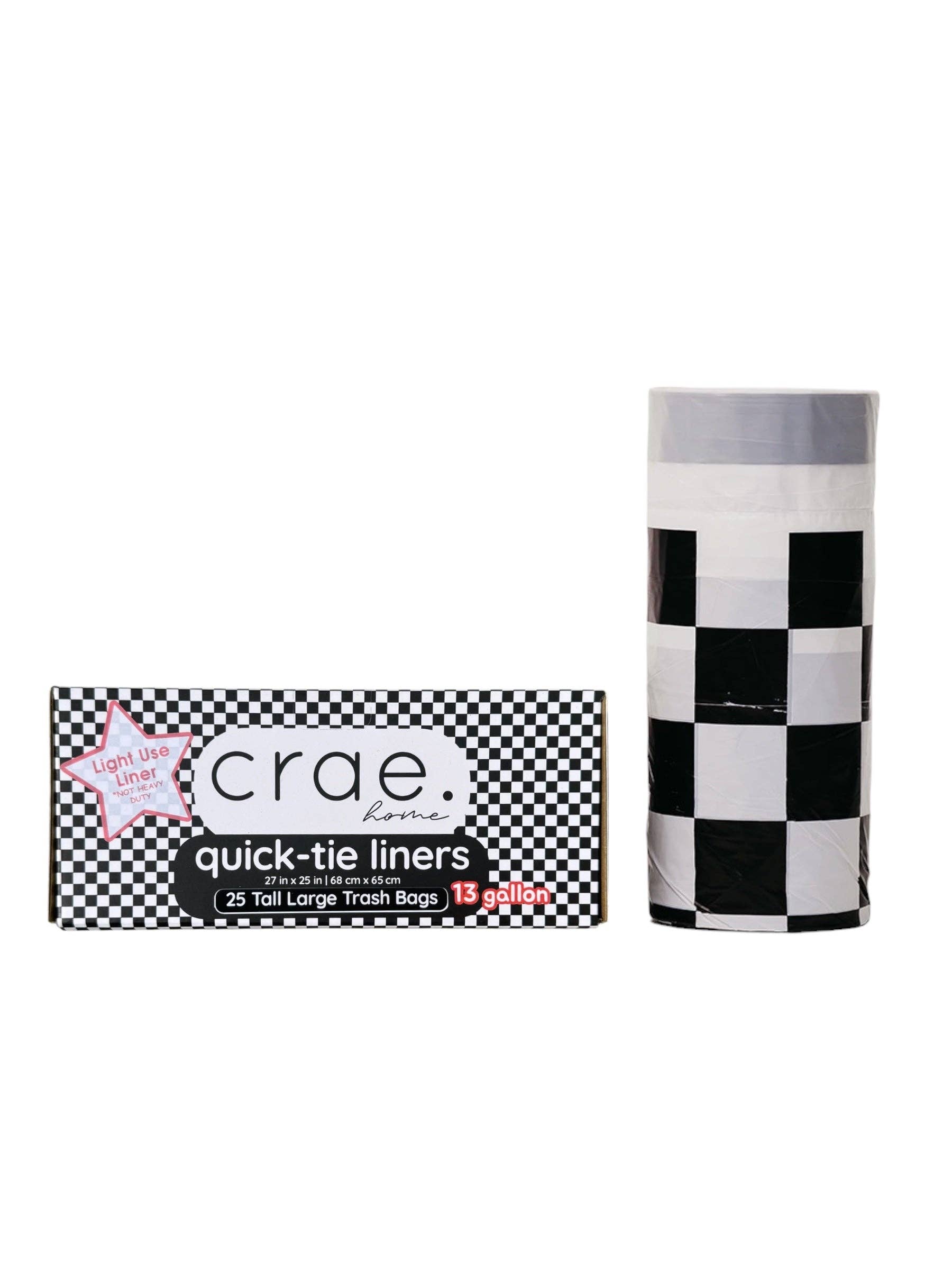 Black and white checkered 13-gallon trash liners for kitchen trash cans.