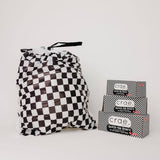 Black and white checkered 8-gallon trash liners for home and office waste baskets.