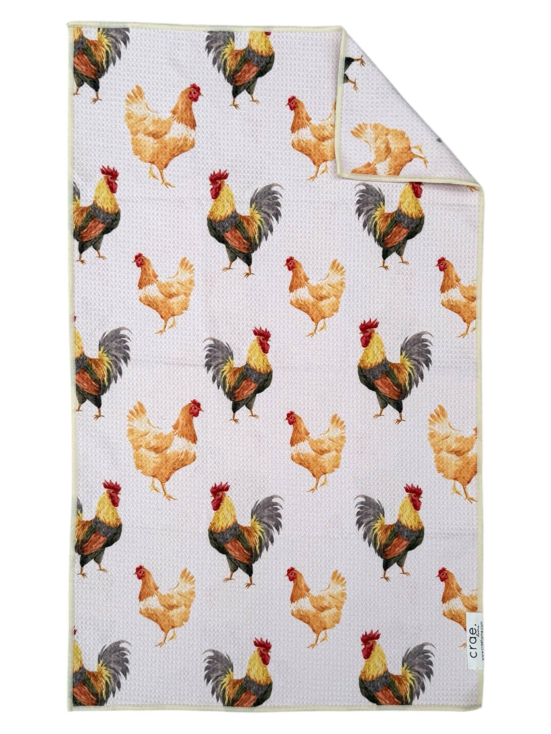 Rooster-themed double-sided microfiber hand towel with waffle weave texture.