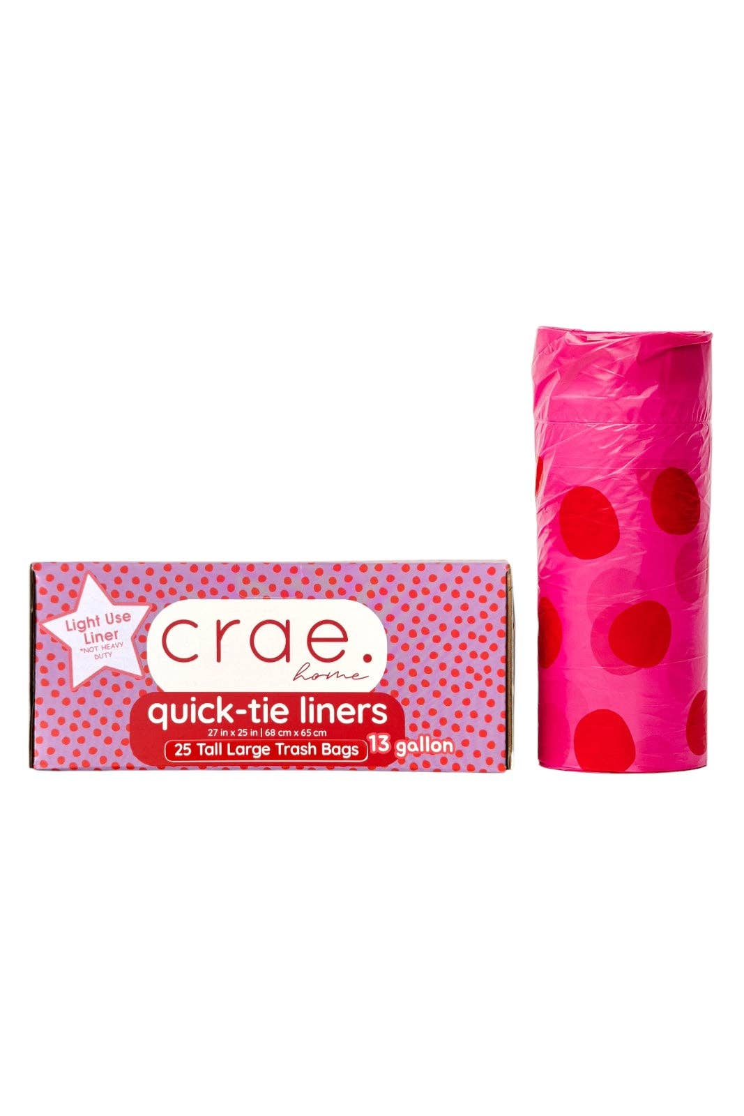 Pink trash liners with red polka dots for 13-gallon kitchen trash cans.