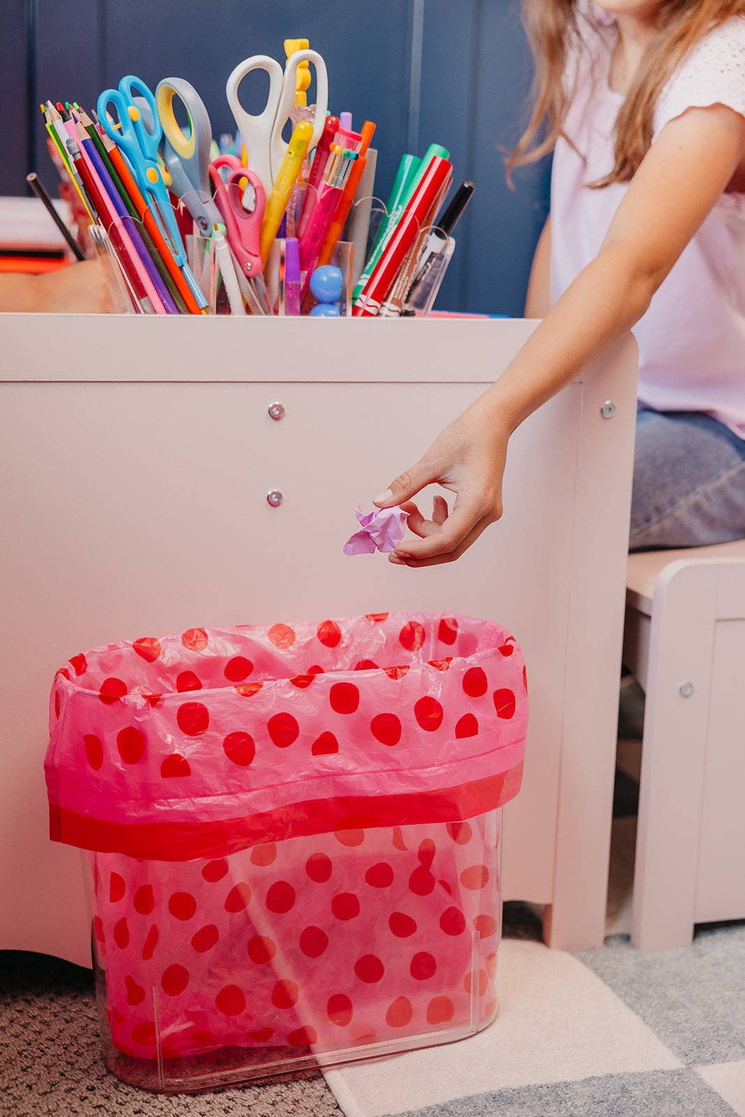 Red polka dot 4-gallon trash liners for bathroom and office waste baskets.