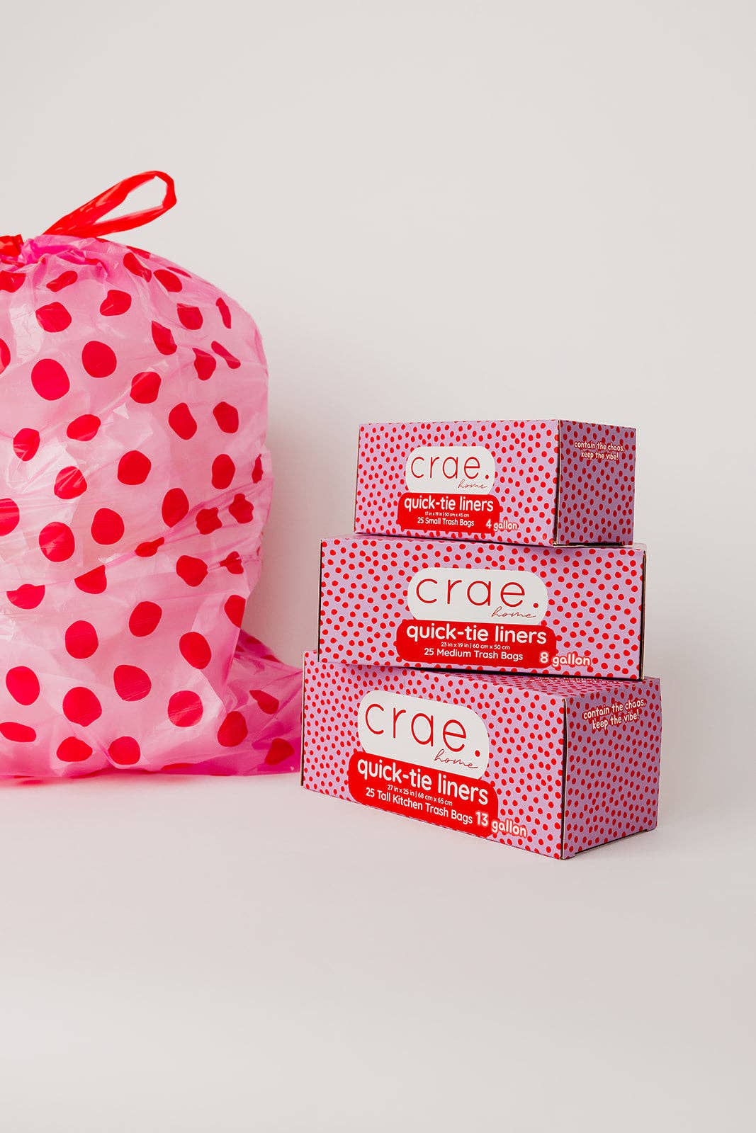 Pink trash liners with red polka dots for 8-gallon waste baskets.