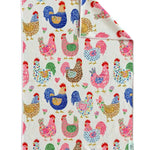 Crae hand towel with colorful patterned chickens, roosters, florals, leopard print, hearts, and polka dots.