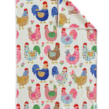 Crae hand towel with colorful patterned chickens, roosters, florals, leopard print, hearts, and polka dots.