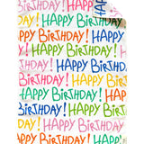 Crae Happy Birthday hand towel featuring bright multicolored lettering on a white background.