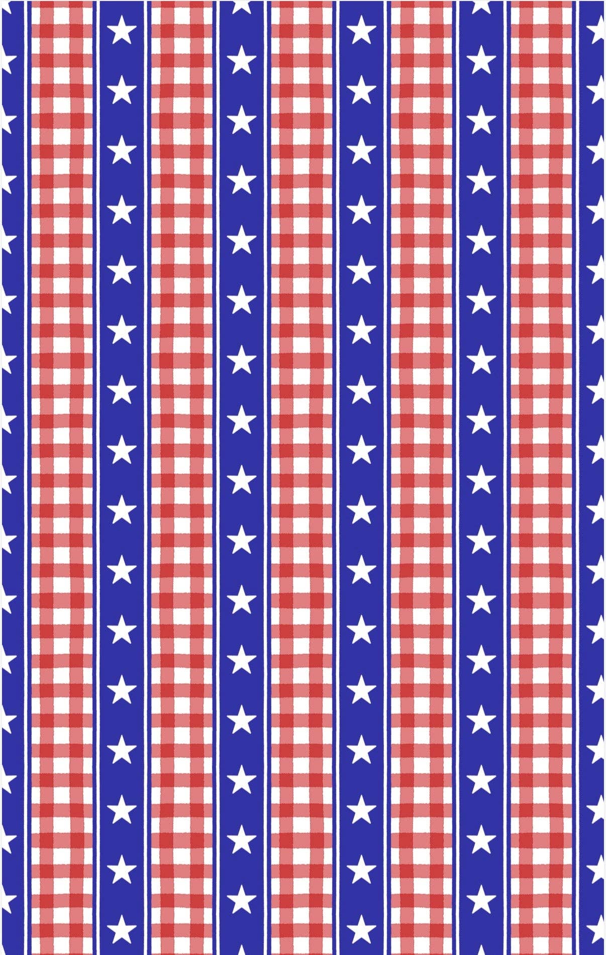 Patriotic red white and blue microfiber hand towel with stars, stripes, and gingham pattern.