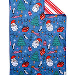 Reversible Christmas towel with colorful holiday graphics and classic red and white striped reverse.