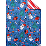 Reversible Christmas towel with colorful holiday graphics and classic red and white striped reverse.