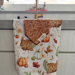 Fall hand towel and washcloth set with turkeys, pumpkins and rust botanical print.