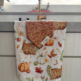 Fall hand towel and washcloth set with turkeys, pumpkins and rust botanical print.