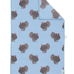 Blue double-sided hand towel with colorful allover turkey print.