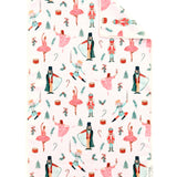 White Christmas towel with watercolor ballerinas, nutcrackers, toy soldiers, candy canes, and presents.