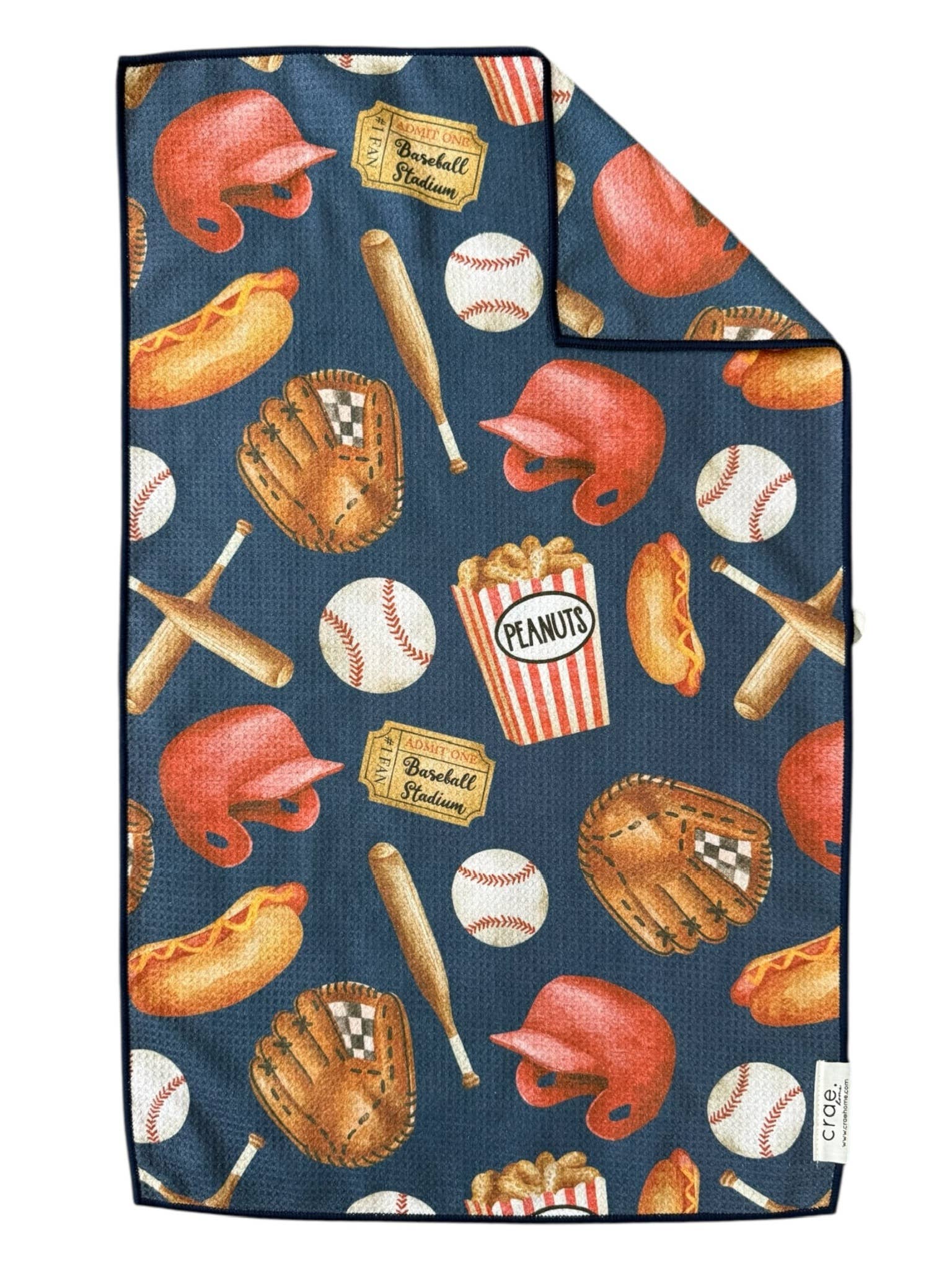 Baseball-themed microfiber hand towel with colorful game day icons and waffle weave texture