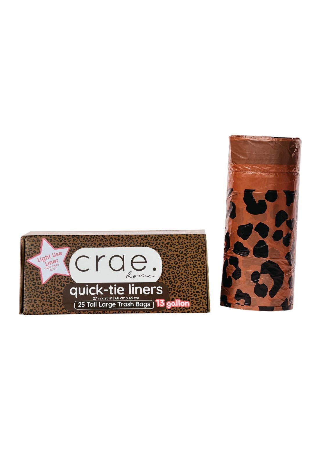 Leopard print 13-gallon trash liners for kitchen and household trash cans.