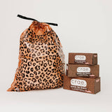 Leopard print 8-gallon trash liners for home and office waste bins.