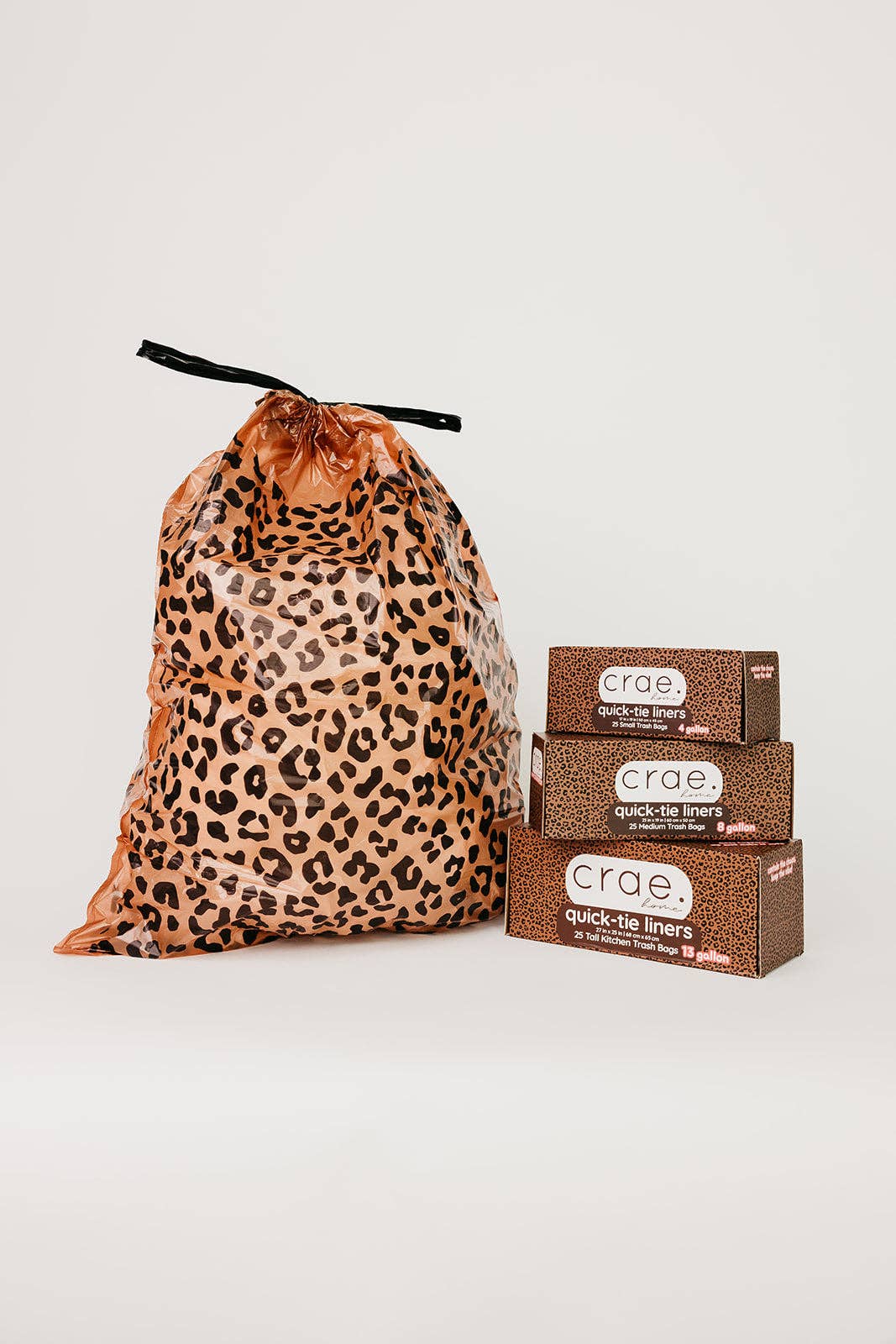 Leopard print 8-gallon trash liners for home and office waste bins.