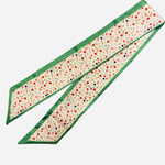 Cream floral satin scarf with green trim, wearable as scarf, necklace, or purse twilly.