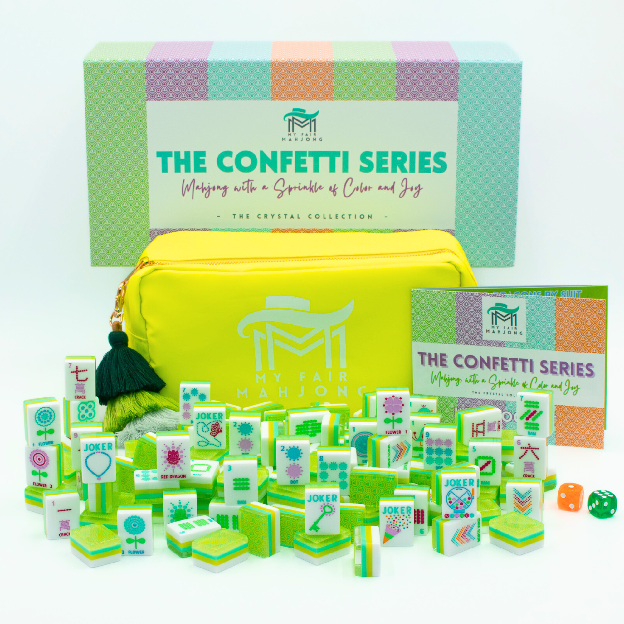 Lemon-lime Mahjong tile set with labeled confetti-inspired chunky tiles and bag.