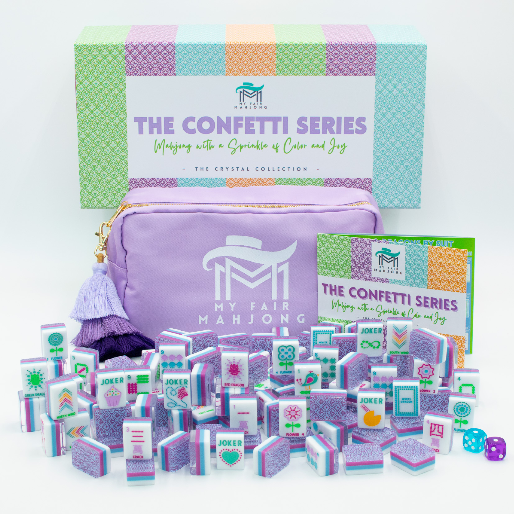 Purple Confetti Mahjong tile set with labeled chunky tiles and matching bag.
