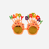Cupcake shaped birthday sunglasses with colorful Happy Birthday lettering.