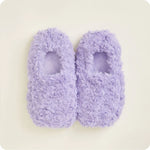 Curly purple Warmies slippers with plush faux fur and lavender scent.