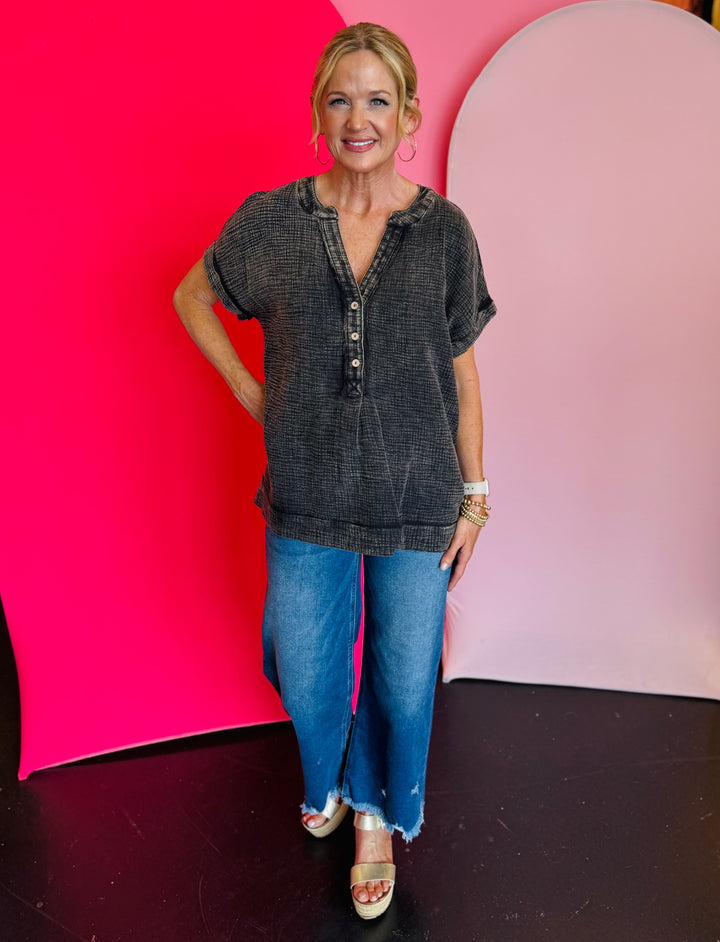 Ash Black Gauze Henley Neck Top
