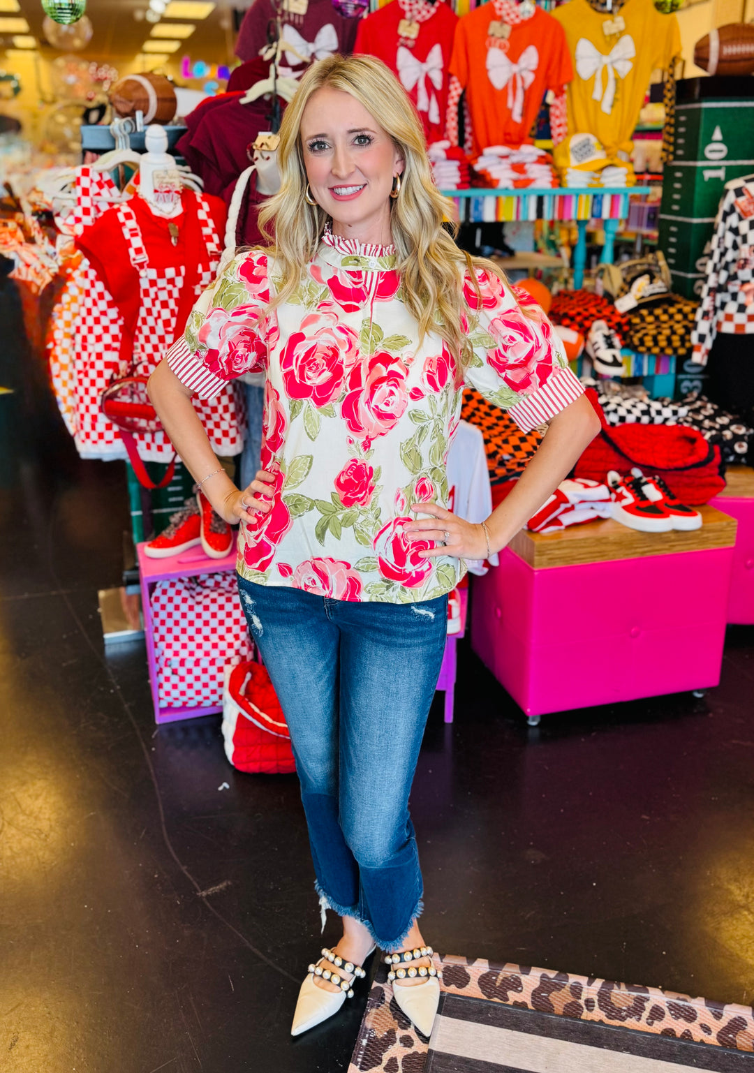 Fuchsia Ruffled Mock Neck Floral Top