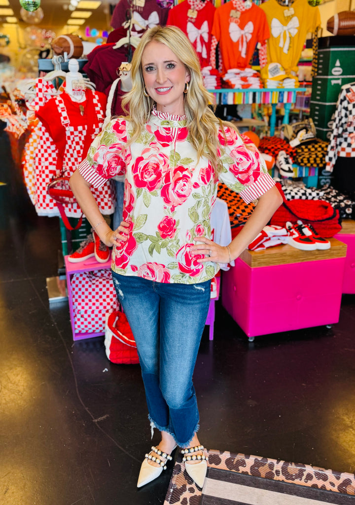 Fuchsia Ruffled Mock Neck Floral Top
