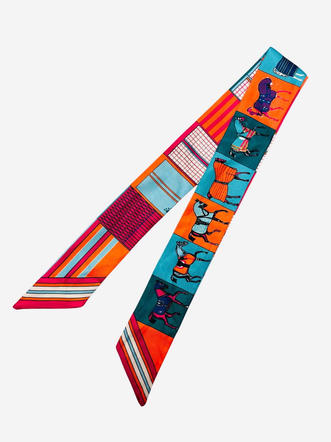 Teal, Orange & Magenta thin scarf tie with horses and geometric stripe detail.
