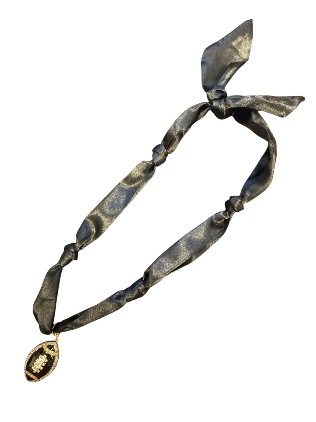 Black satin scarf necklace with football charm.