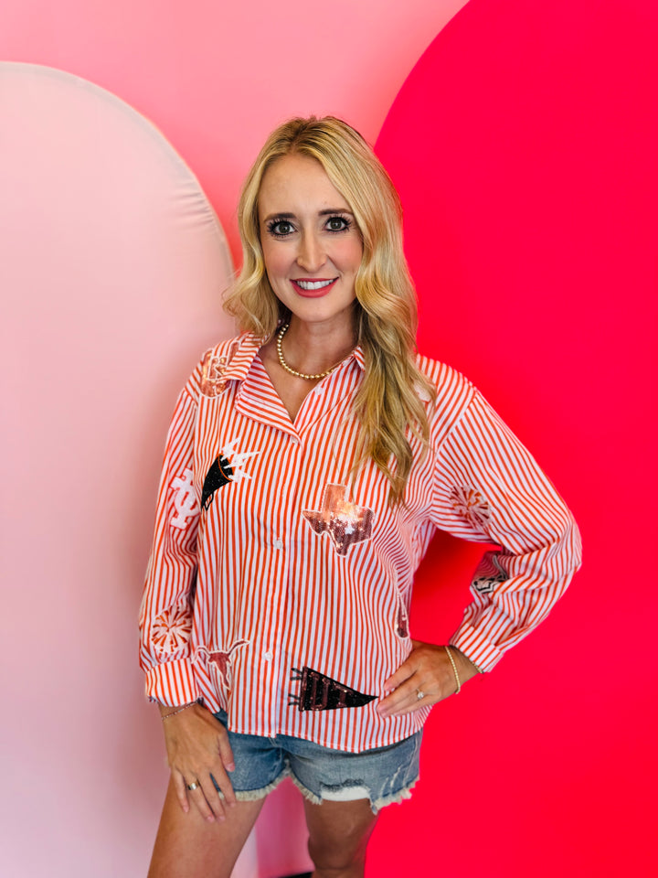 Queen Of Sparkles orange and white striped icon University Of Texas game day blouse.