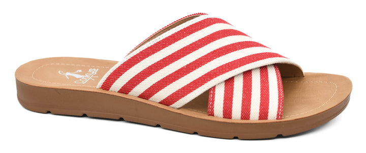 Red and white striped sandal with a brown sole on a white background