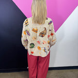 Queen Of Sparkles Beige Striped Thanksgiving Icon Cotton Button Up Top