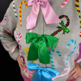 Queen Of Sparkles Grey Multi Candy Cane Multi Bow Sweater