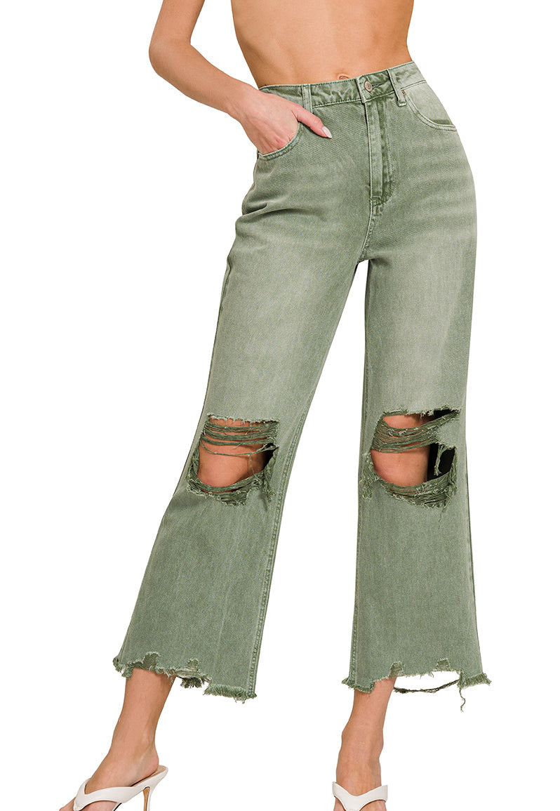 Olive distressed knee jeans with raw hemline and high waist fit