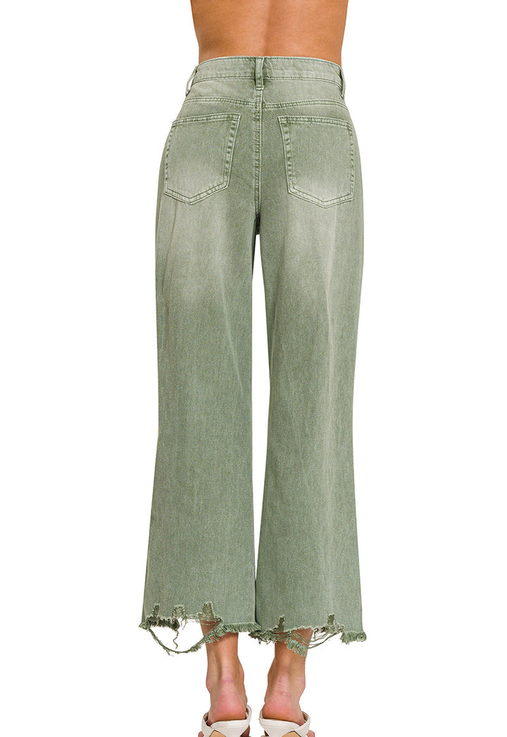 back view Olive distressed knee jeans with raw hemline and high waist fit