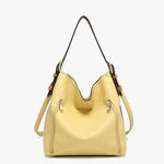 Yellow vegan leather hobo bag with slouchy shape, inner pouch, and magnetic closure