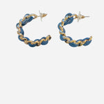 Blue denim hoop earrings with gold chain accents and braided textured detail.