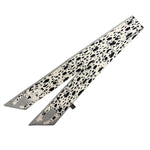 White Dalmatian scarf tie with black spots and gray border, 34 inches.