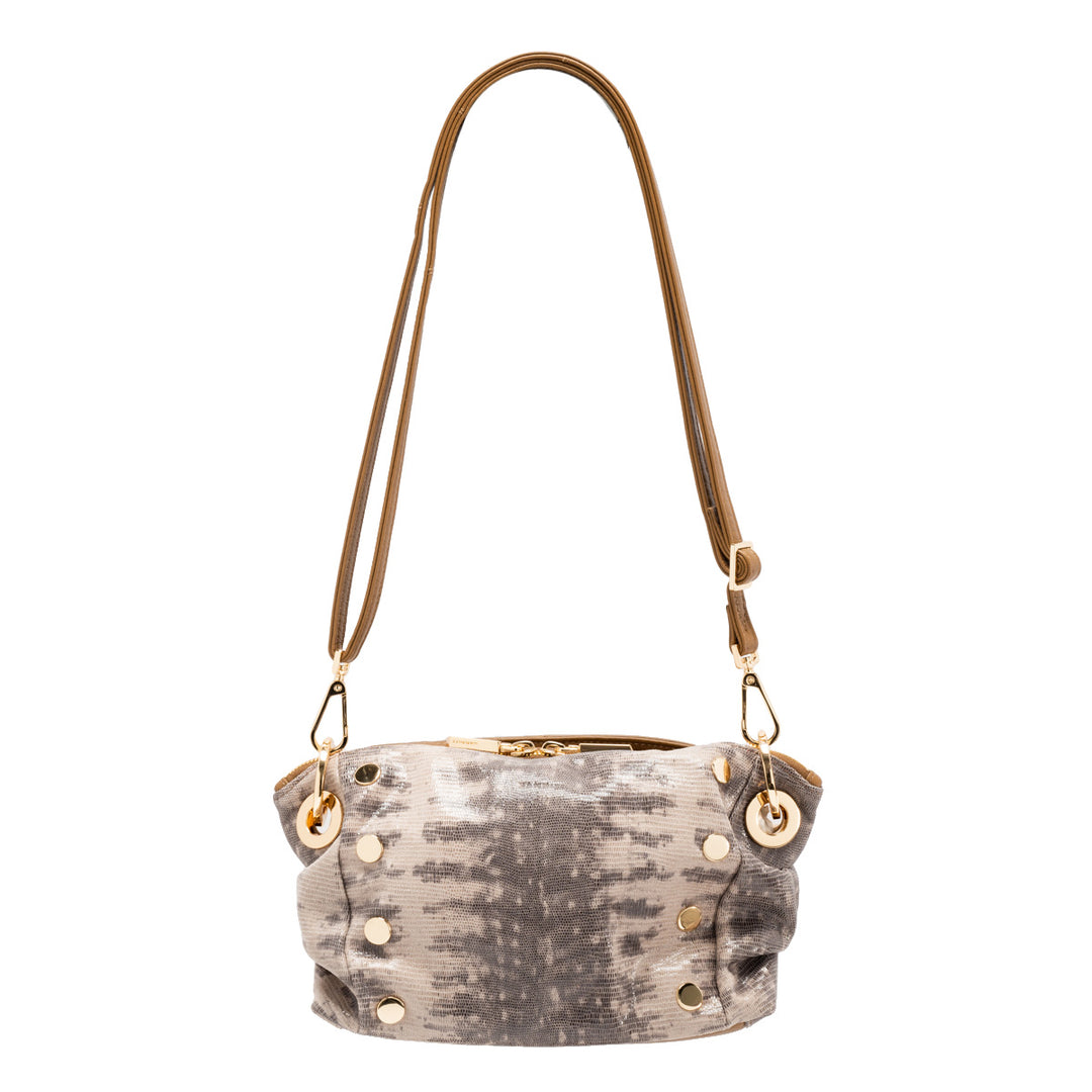 Hammitt Taupe and charcoal metallic leather crossbody clutch with gold hardware, camel back, and red lining.