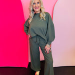 Dark olive ribbed dolman style top with elastic waist matching pants