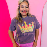 Purple graphic tee with colorful jeweled crown and Daughter of the King text