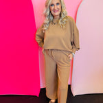 Deep camel ribbed dolman style top with matching elastic waistband pants.