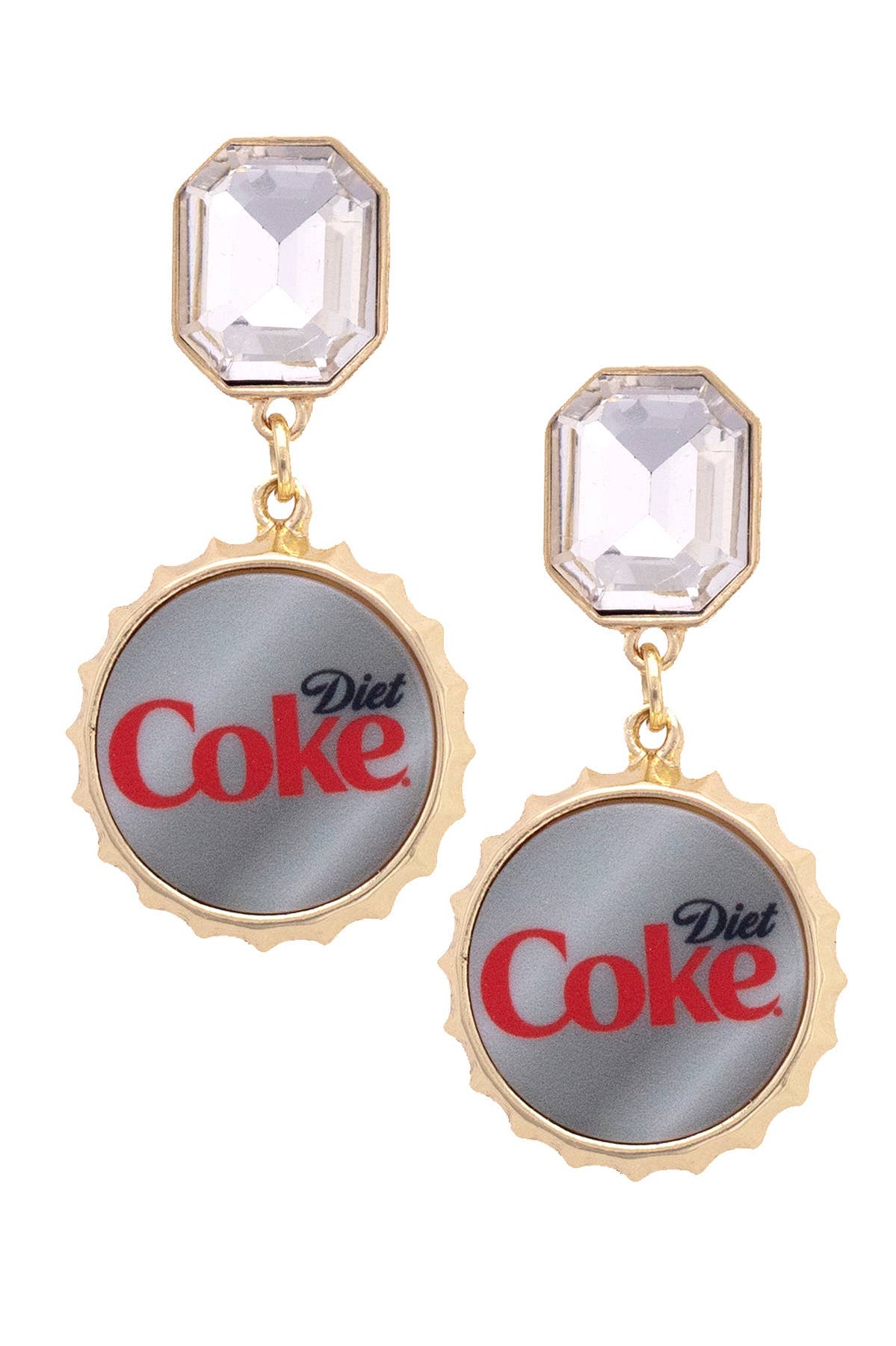 Diet Coke bottle cap earrings with gray enamel, red details, and sparkling rhinestones.