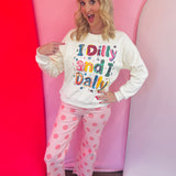 Cream sweatshirt with colorful sewn-on I Dilly And I Dally sequin graphic.